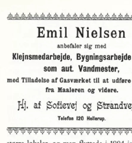 Gammel annonce: Emil Nielsen anbefaler sig med Klejnsmedearbejde